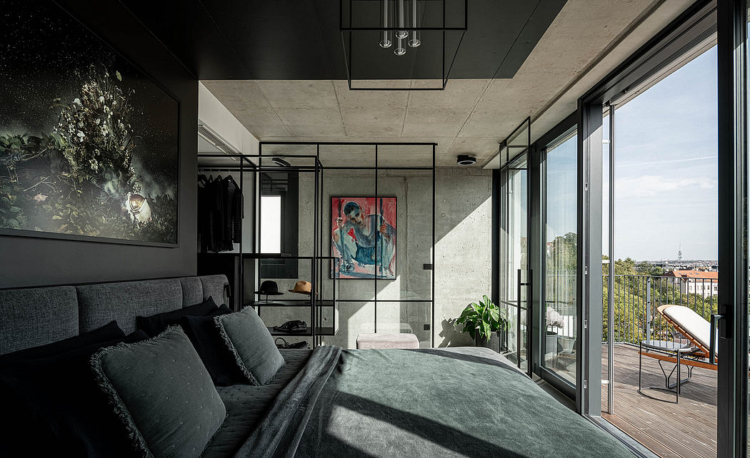 Contemporary bedroom with glass walls, artwork, and balcony access.
