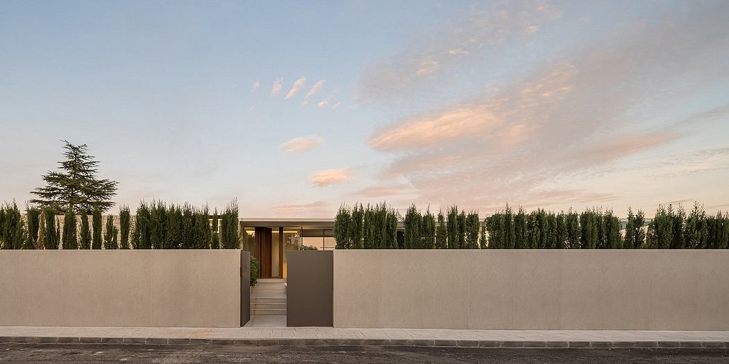 Modern house entrance with a concrete wall and hedge at dusk.