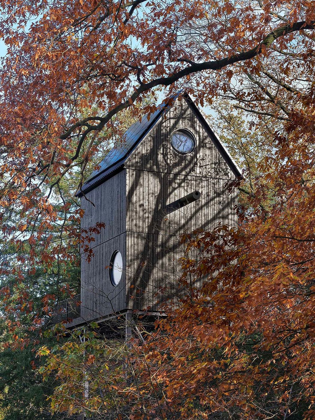 Modern cabin with round windows peering through autumn leaves.