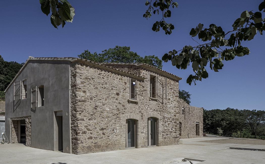 Contemporary stone building with minimalist design elements.