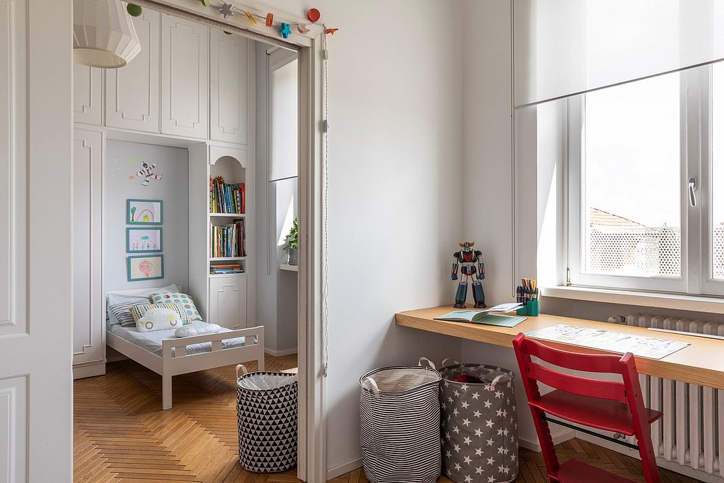 Bright, cozy child's room with bed, desk, chair, and bookshelf