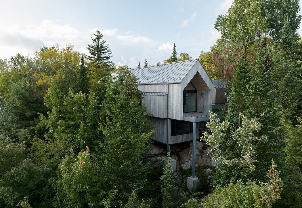 Modern cabin on stilts nestled in a forest.
