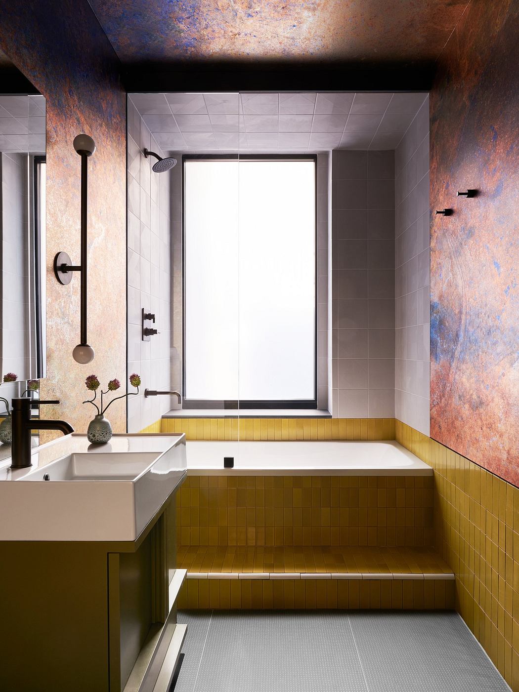 Contemporary bathroom with cosmic ceiling and yellow tiles.