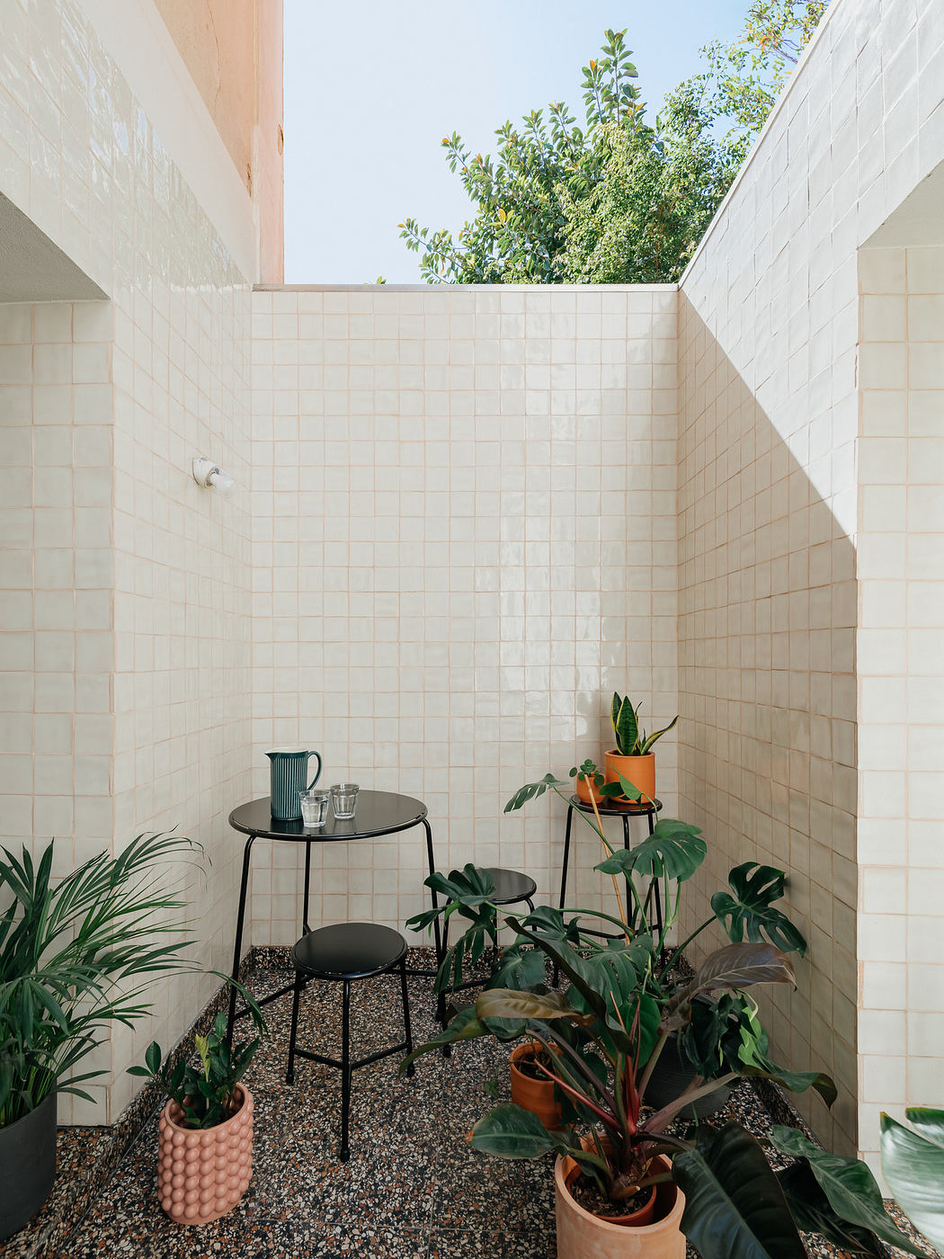 Minimalist courtyard with pale tiles and lush green plants