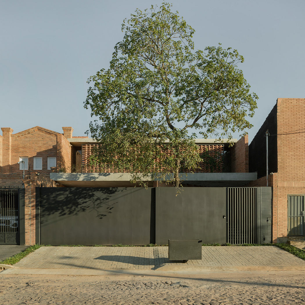 Contemporary brick house with a central tree and minimalist gate.
