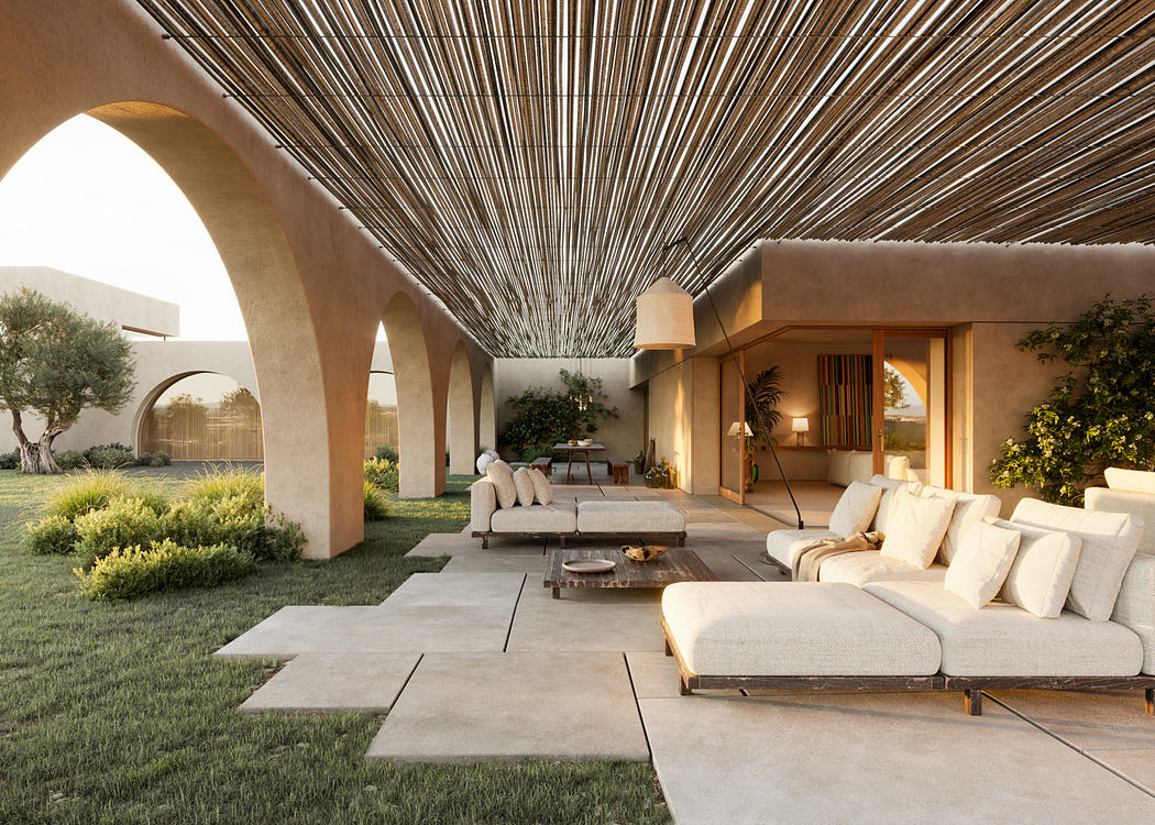 Elegant outdoor lounge with arches and linear wooden canopy.