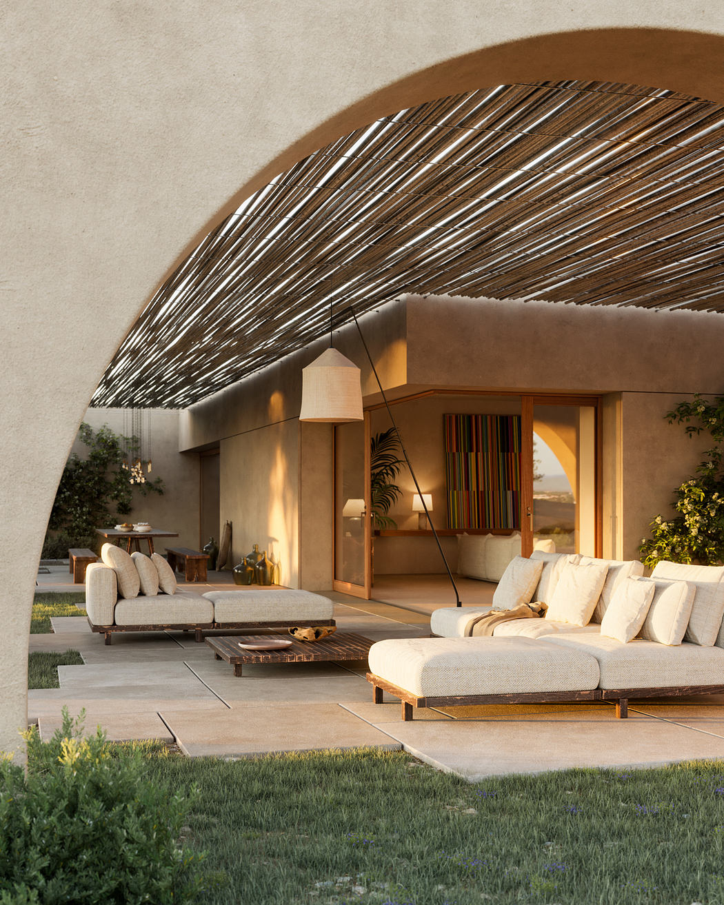 Contemporary outdoor lounge with curved pergola and plush seating.