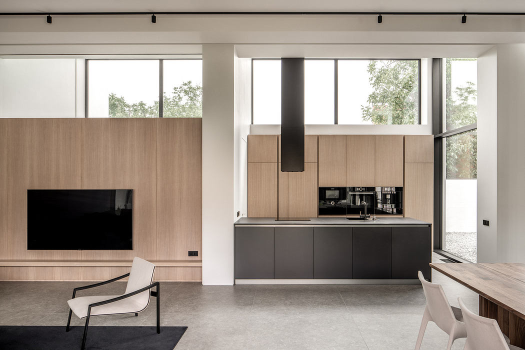 Minimalist interior with clean lines, natural wood, and neutral tones.