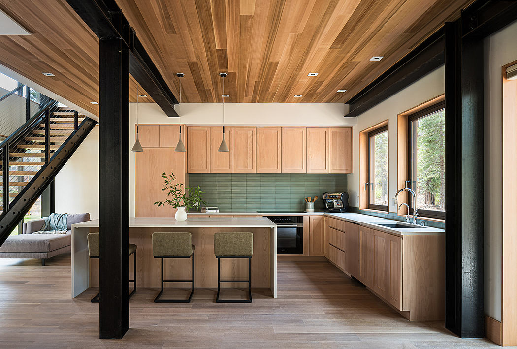 Contemporary kitchen with wood finishes and black accents.