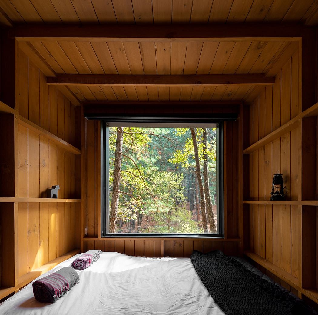 Rustic cabin interior with wooden walls, shelves, and a large window overlooking a wooded landscape.