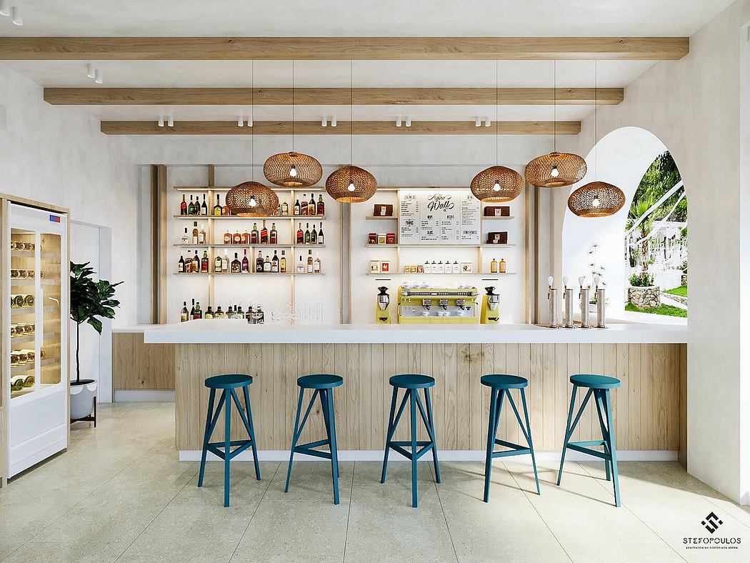 Sleek, modern bar area with exposed wood beams, hanging lamps, and blue bar stools.