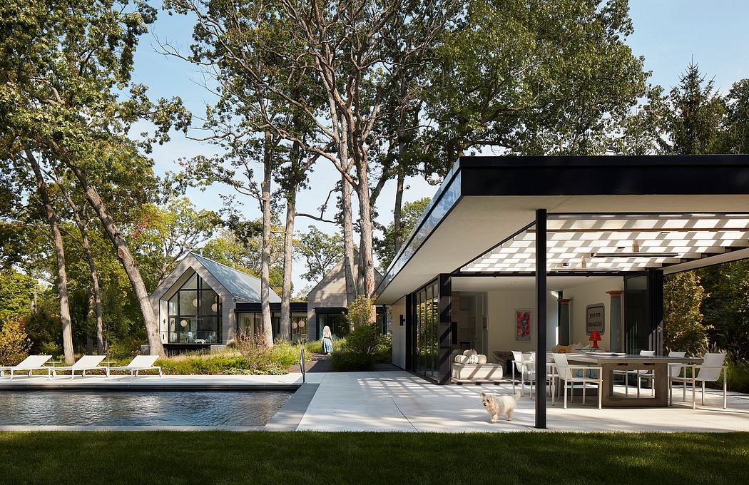 Sleek house with poolside patio and large windows amidst trees.