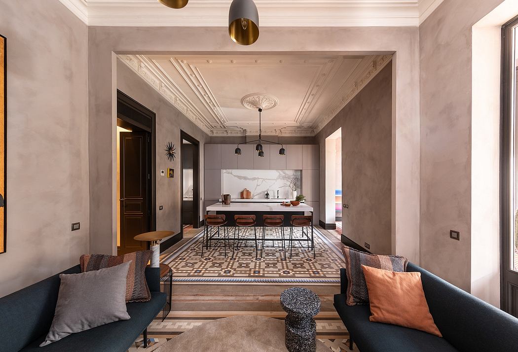 Elegant interior with plush seating, decorative rug, and sleek dining area.