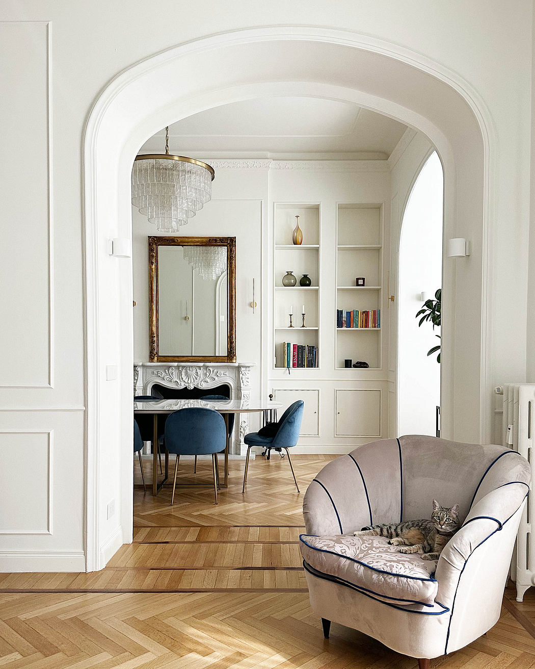 Elegant room with archway, herringbone floor, and a cat on