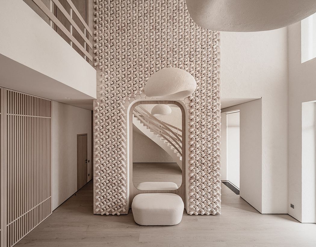 Striking architectural space with undulating, sculptural wall panels and minimalist furnishings.