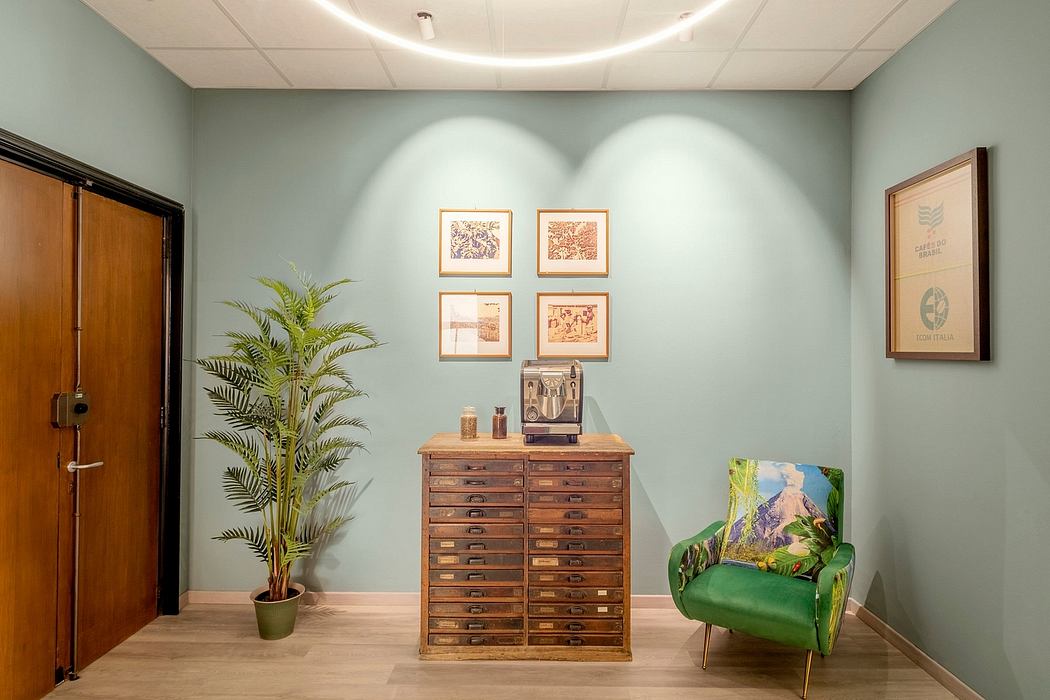 Serene office space with antique wooden cabinet, tropical plants, and framed art.