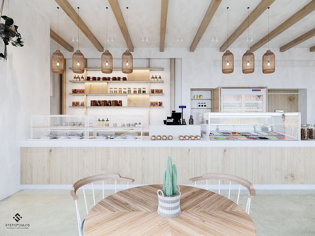 Cozy cafe interior with warm-toned wooden beams, shelves, and rattan light fixtures.