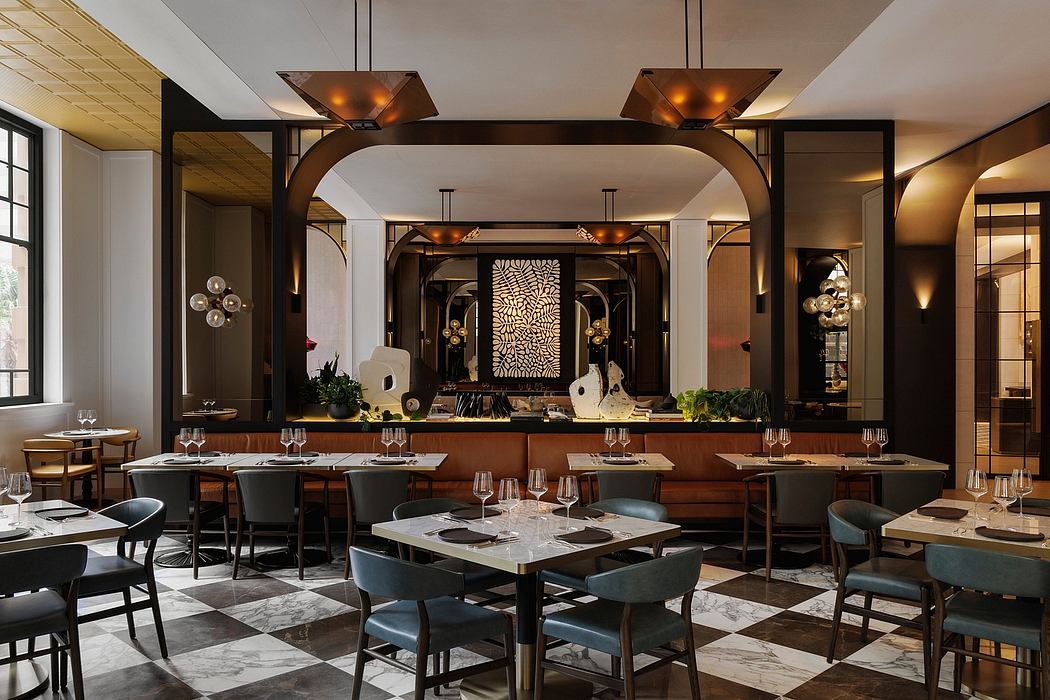 Elegant restaurant interior with arches, tiled floors, and stylish lighting.
