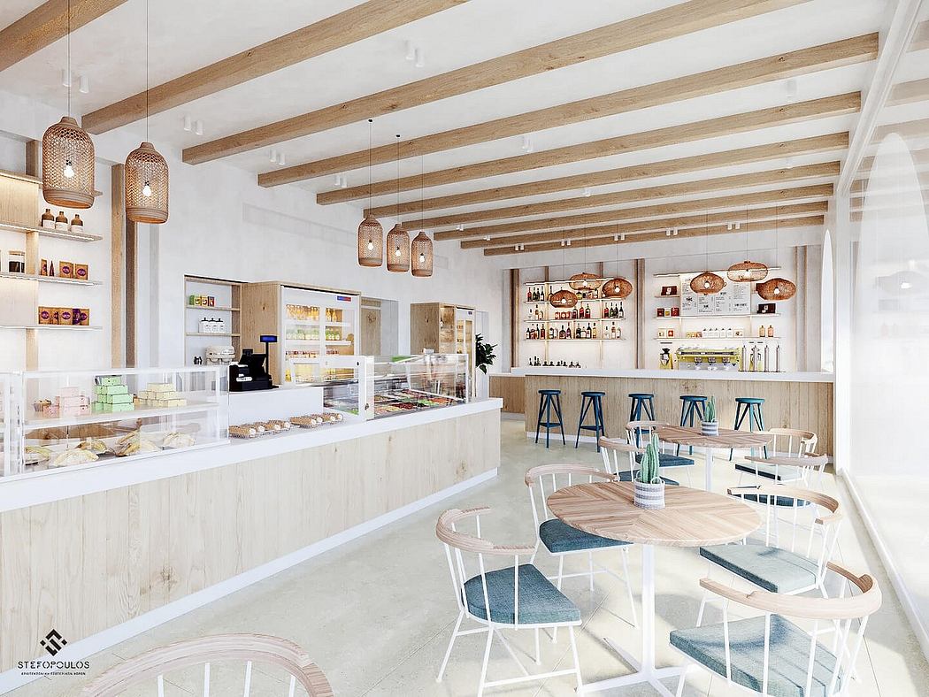 Airy, modern cafe with wood beams, pendant lamps, and a mix of wooden and metal furnishings.