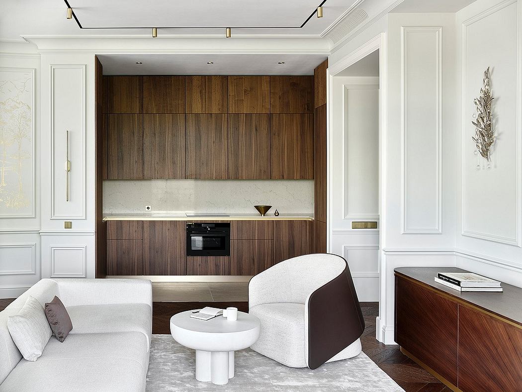 Elegant living space with wood paneling, white furnishings, and brass accents.