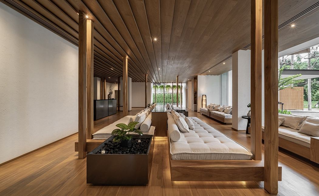 Contemporary wooden living space with sleek lines and natural light.