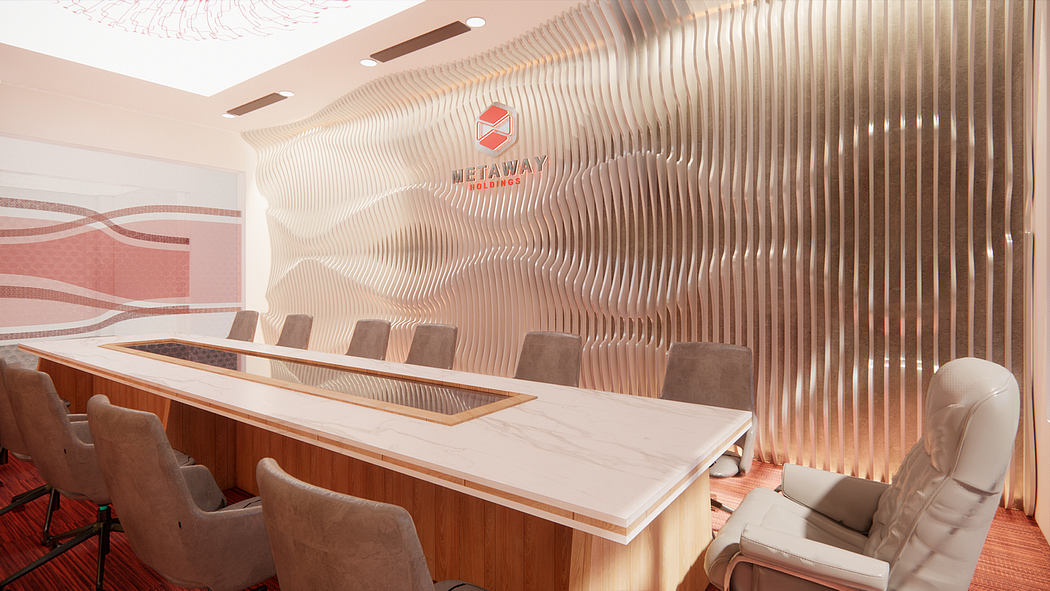 A modern conference room with a sleek, wavy wall design and a large wooden table.