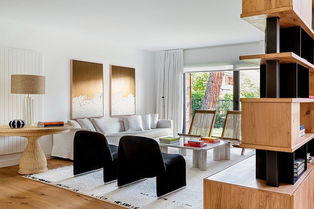 Contemporary open-plan living room with modern furniture, natural textures, and outdoor views.