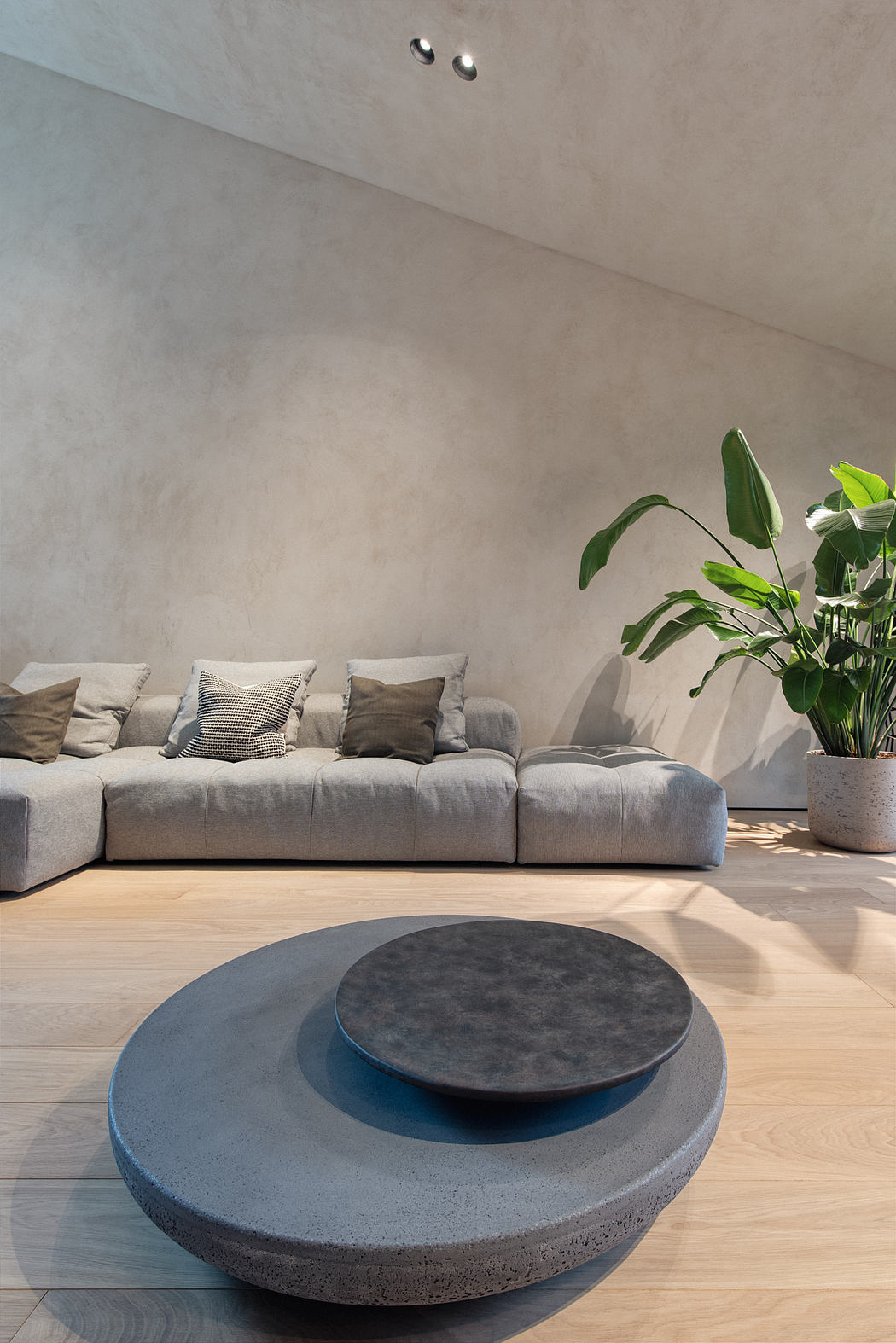 A modern, minimalist living room with a concrete coffee table and lush, potted plant.