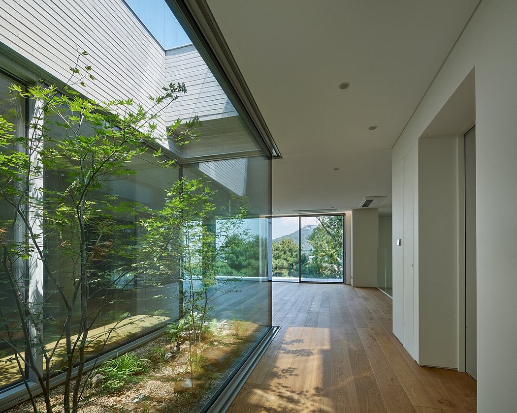 Modern hallway with large windows overlooking a garden.