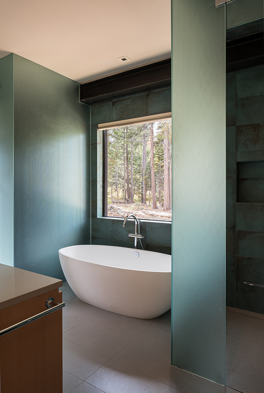 Contemporary bathroom with sleek white tub and forest view.