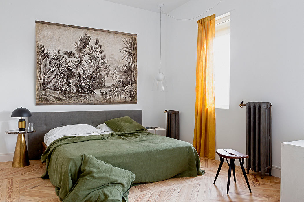 Minimalist bedroom with large botanical artwork above the bed.