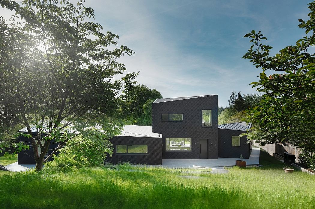 Striking modern design with clean lines, large windows, and a lush green landscape.
