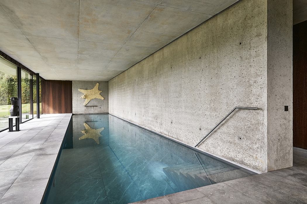 Minimalist indoor pool with concrete walls and star art.