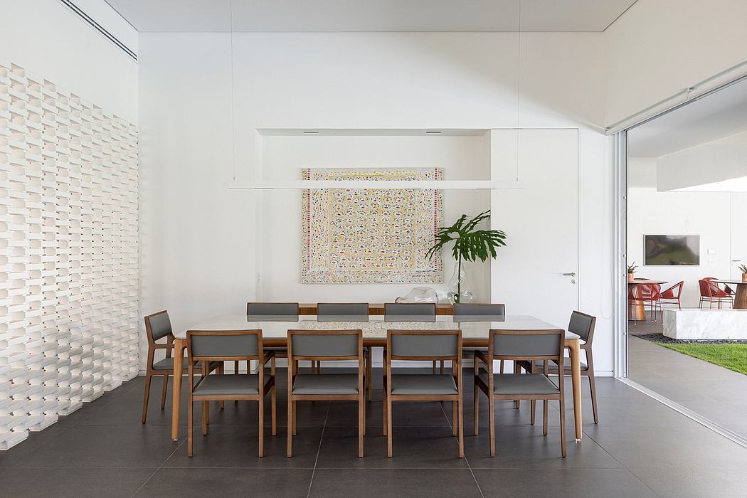 Elegant dining area with modern wooden furnishings and textured wall accent.