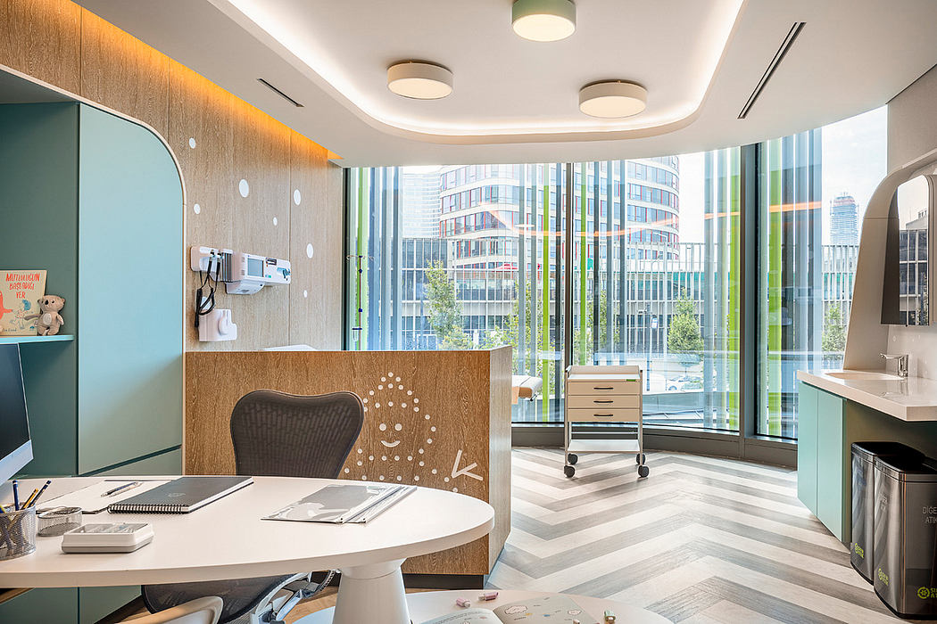 Contemporary office with curved walls, wood accents, and floor-to-ceiling windows
