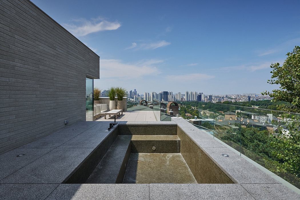 Sleek terrace with skyline view and minimalist design.