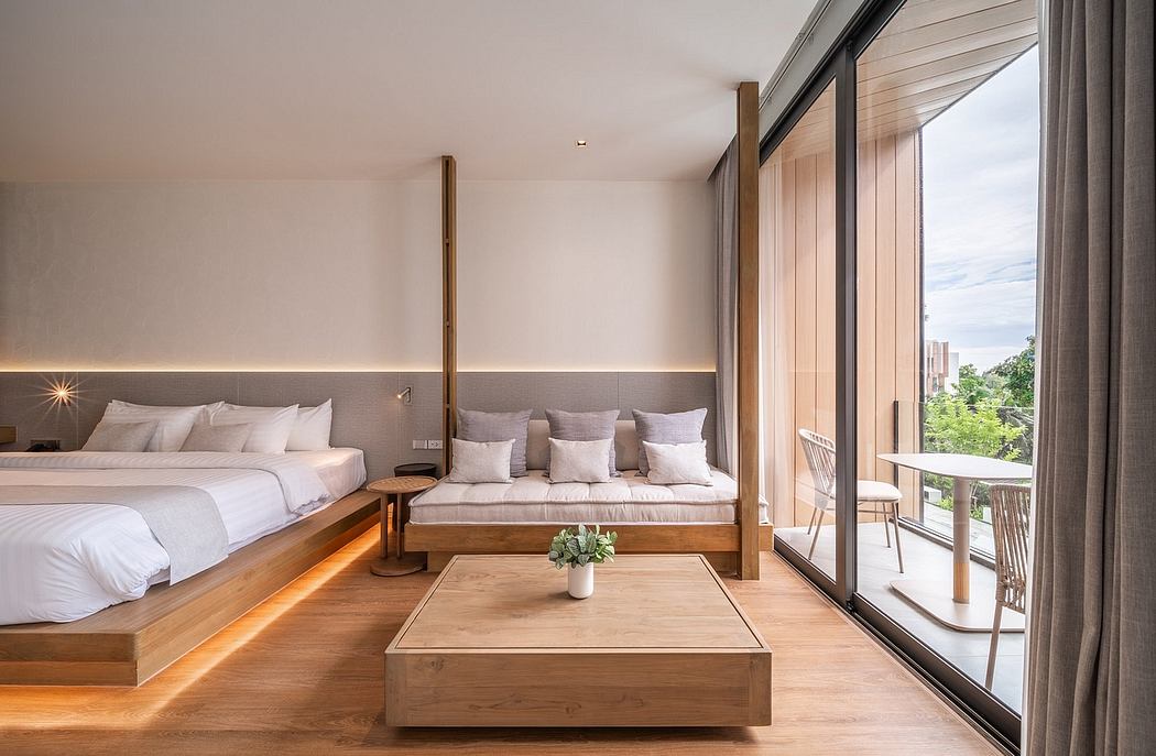 Contemporary bedroom with wooden furniture and large window.