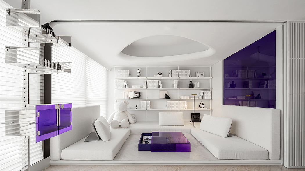 A modern living room with minimalist white furniture, purple accents, and built-in shelving.