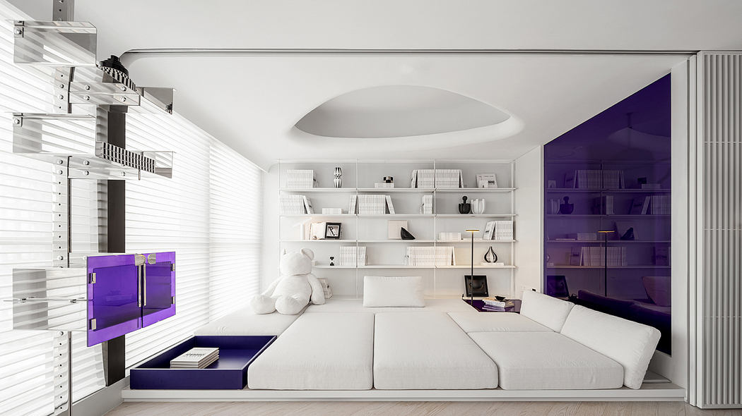 A modern, minimalistic interior design with white walls, shelving, and purple accents.