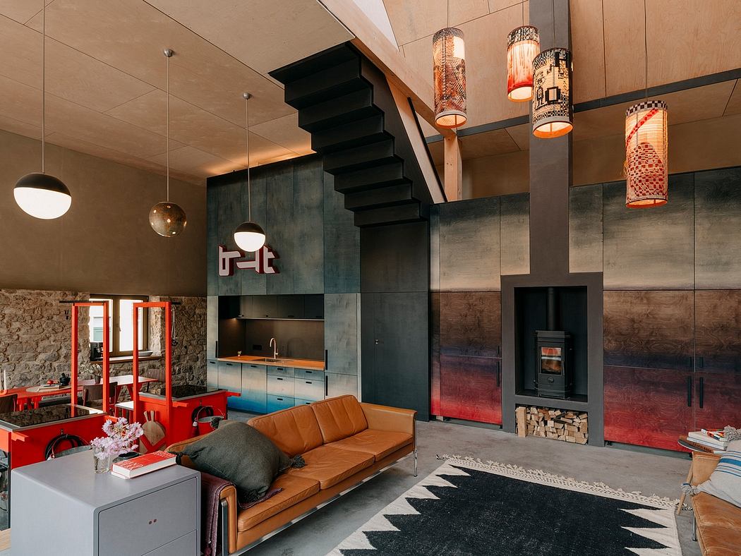 Striking contemporary interior with exposed concrete, wooden accents, and vibrant lighting fixtures.