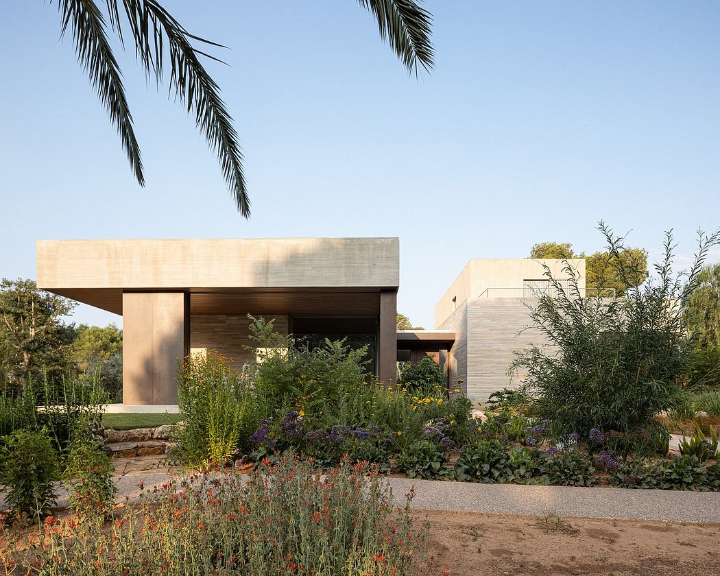 Contemporary home showcases modern architecture with warm wood accents and lush landscaping.