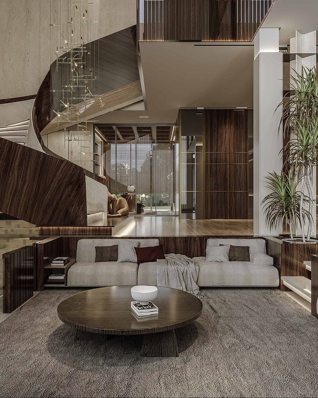 Expansive modern interior with layered materials, geometric shapes, and moody lighting.