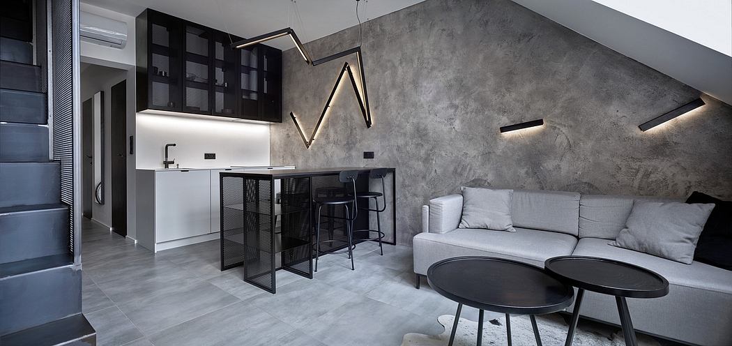 A modern, open-concept kitchen and living space with bold, industrial-inspired design.