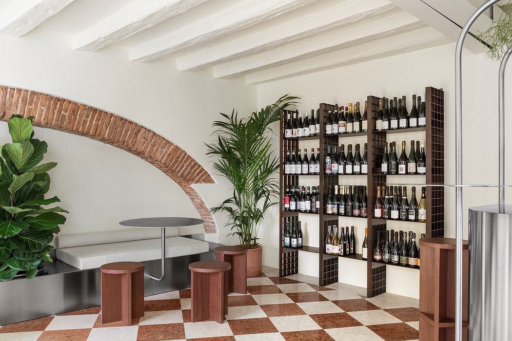 Rustic brick archway, wooden shelving units displaying an extensive wine collection.