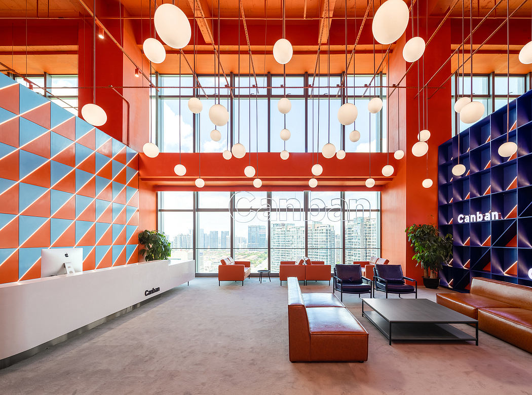 Vibrant, geometric patterns covering walls and hanging lights create a striking, modern interior.