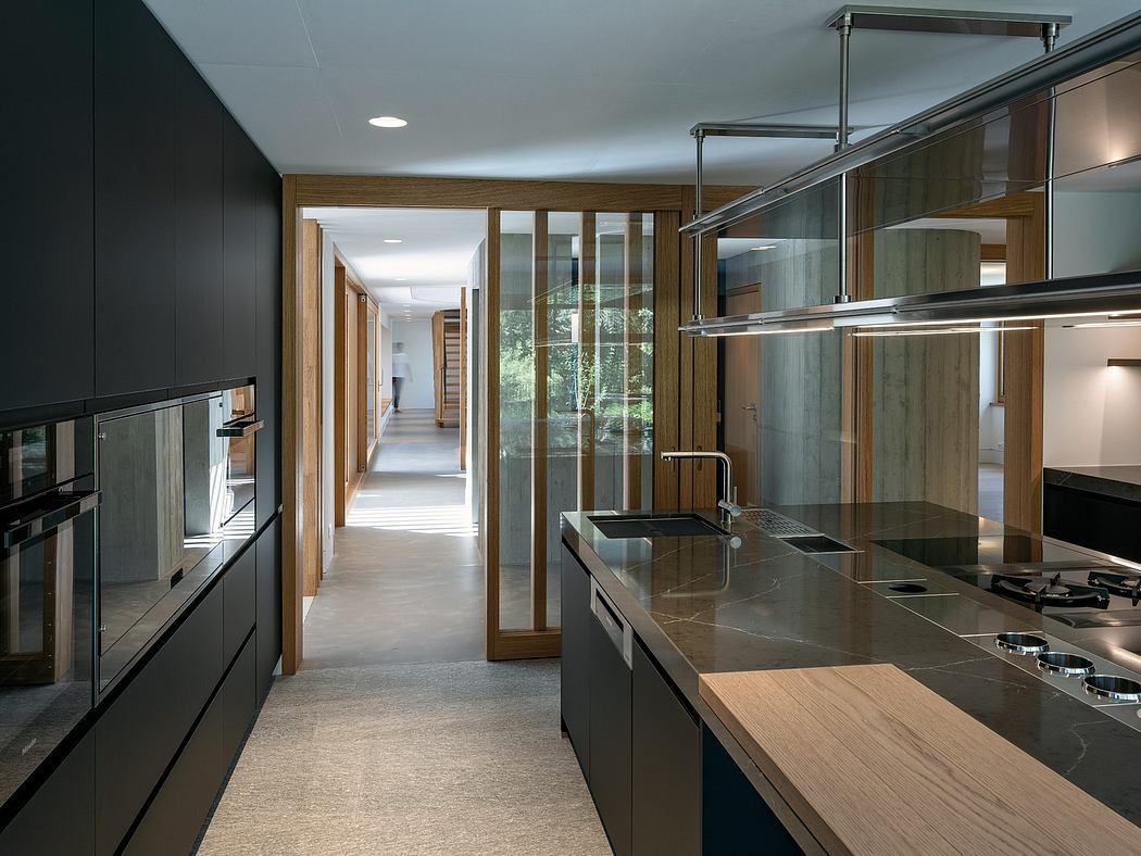 Sleek, modern kitchen with dark cabinets, wood accents, and glass walls overlooking a corridor.