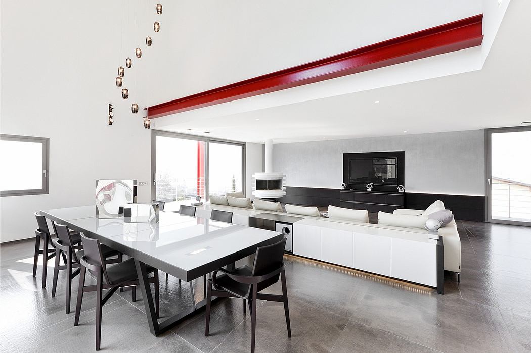 Sleek, modern interior with clean lines, high-contrast color palette, and geometric lighting.