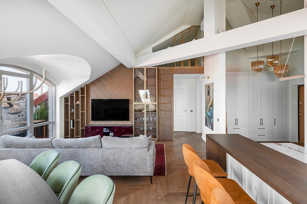 Contemporary open-plan living space with wood paneling, built-in shelving, and pendant lighting.