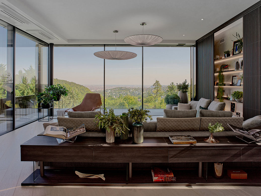 Luxurious living room with panoramic city views, modern furniture, and layered lighting.