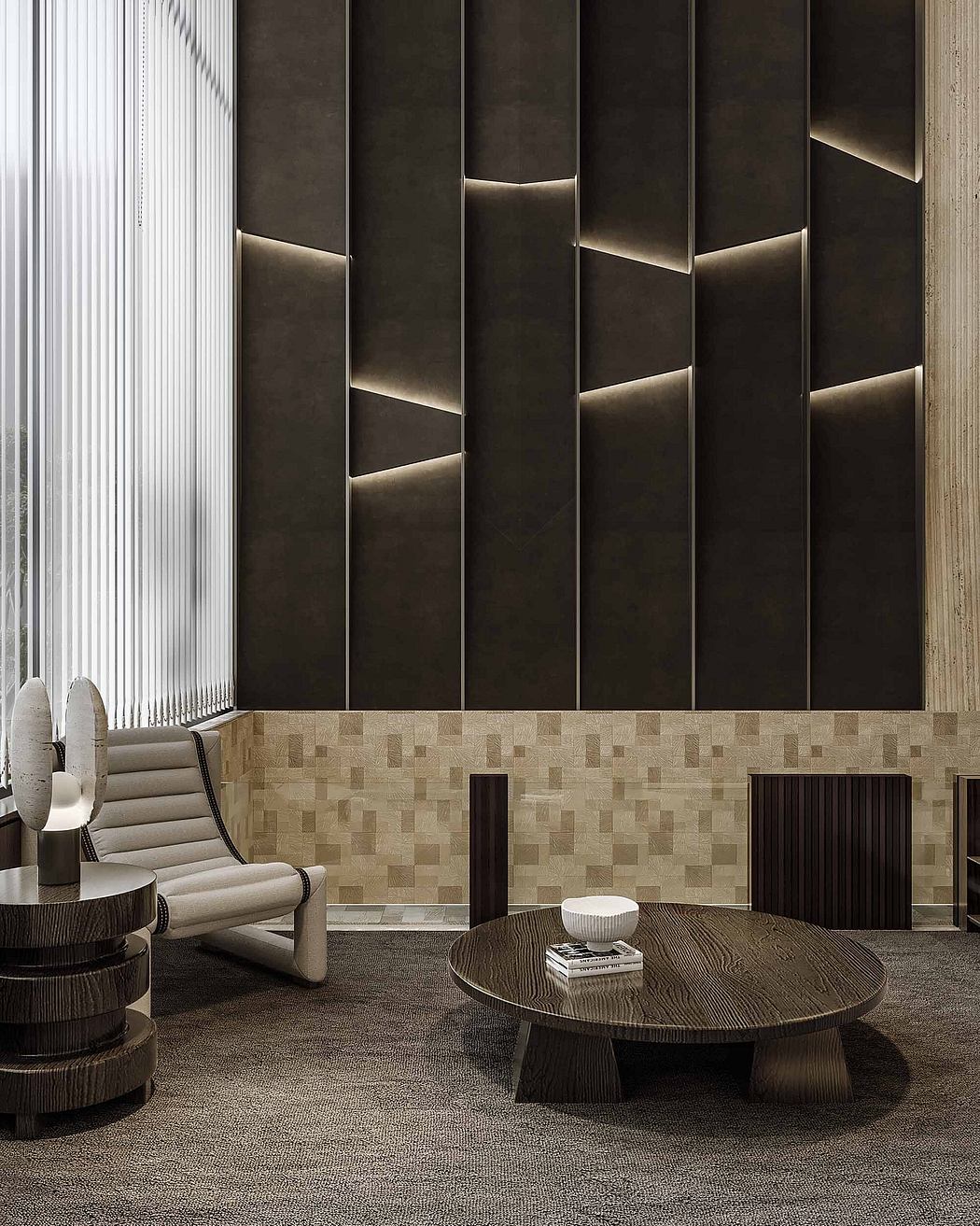 Modern interior with textured wall, tiered coffee tables, and reclined chair.